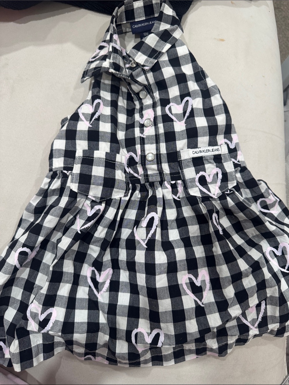 Calvin Klein Jeans Black & White Gingham Dress with Pink Heart Accents